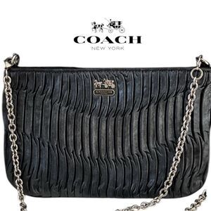 Coach Madison Gathered Leather Zip Crossbody Clutch Black Silver Bag Purse